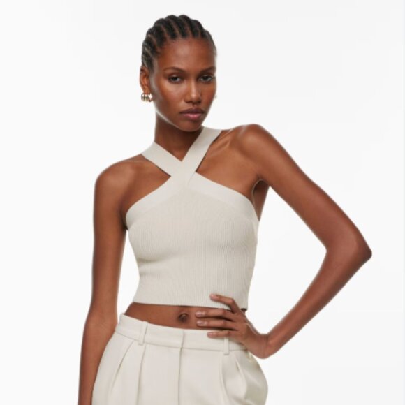 Aritzia Tops - BABATON Aritzia White Sculpt Rib Knit Criss Cross Cropped Tank | Size Medium